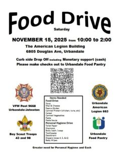 VFW Food Drive Nov. 15 2024 10 am to 2 pm at The American Legion Building
